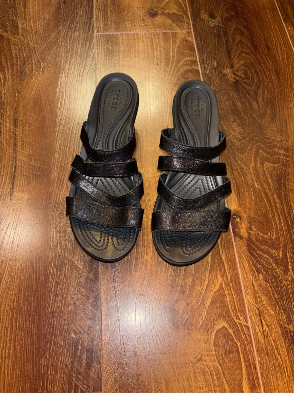 Crocs Black Strappy Wedge Sandals Womens Size 6 Dual Comfort